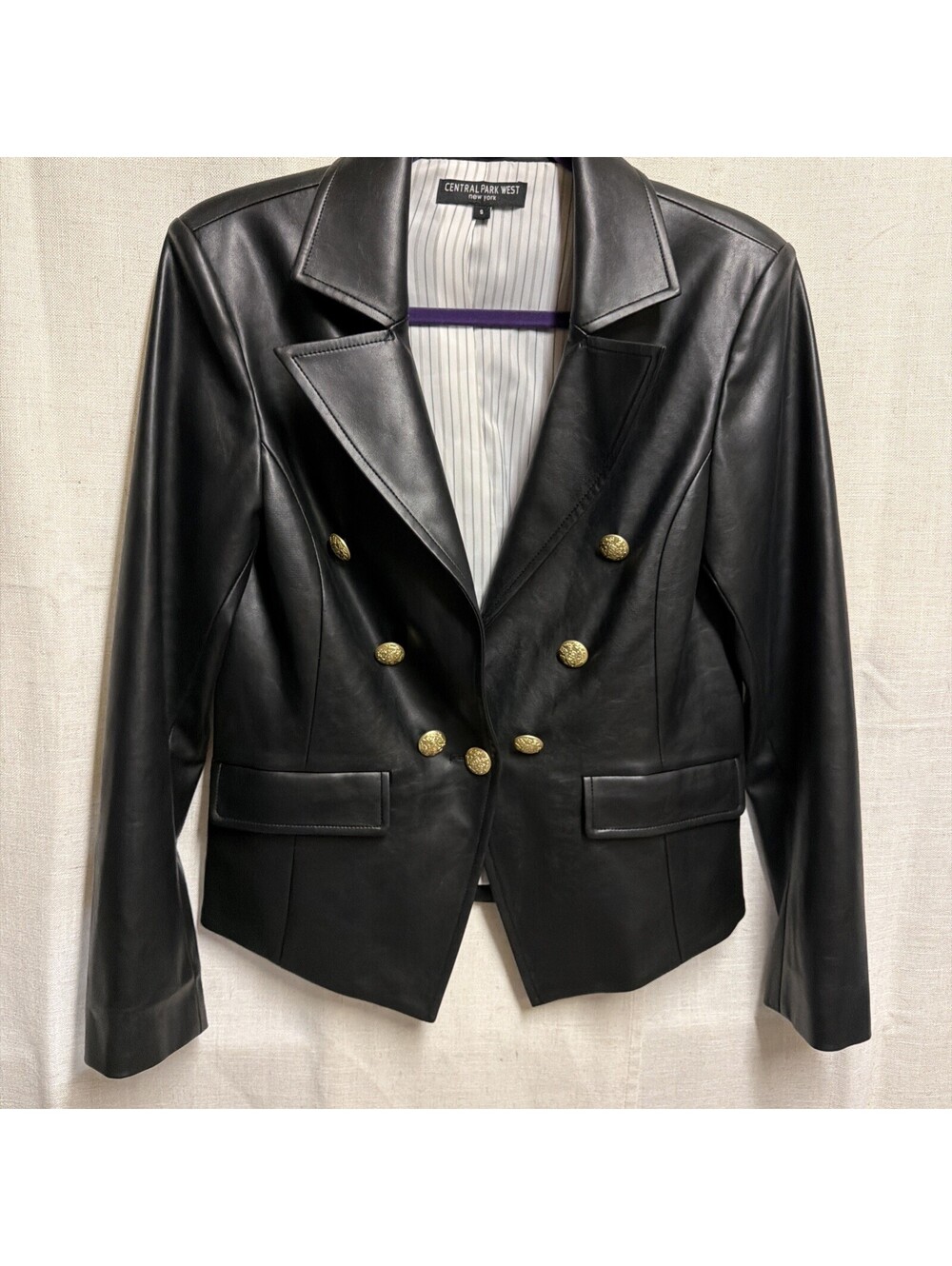 Central Park West Womens Black Vegan Leather Button Front Blazer Size S